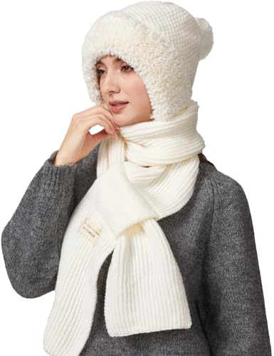 TAGVO Gorro y Bufanda de Punto Holgado para Mujer de Invierno, 2 en 1 Gorro de Suave y Elástico Cálido de Tejida Lana con Calentador de Cuello, Pasamontañas para Esquí Senderismo Correr Ciclismo