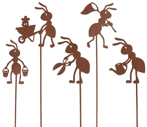 UNUS Gartenstecker Ameisen Gärtner 5er Set Metall Rostoptik Figuren | für Garten, Beet & Blumenkübel