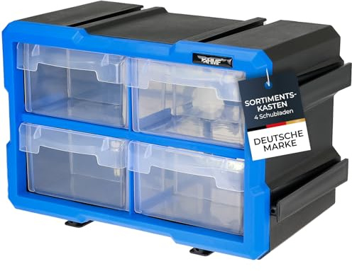 HMF Sortierbox für Kleinteile mit 4 Schubladen, erweiterbarer Sortimentskasten für Schrauben und Werkzeug | 8 Fächer | 29,5 x 19,5 x 16 cm | Blau-Schwarz
