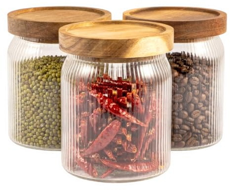 SUNNYNEST Ribbed Glass Storage Jars with Airtight Wooden Lids 3 Pack Kitchen Canisters Set Clear Food Storage Containers for Coffee Sugar Tea Candy Snacks Pantry Organization Countertop (500ml)