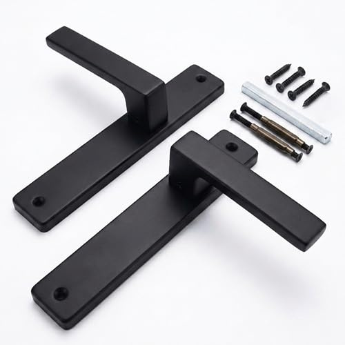 Relaxdays Set de poignées pour porte intérieure, Buntbart, métal noir mat | ressort, 23,5×13,5 cm, plaque longue