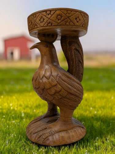 Kinaree Mesa auxiliar con diseño de gallo de madera de súar, mesa auxiliar de madera tallada a mano y taburete para flores, figura animal de madera maciza, 51 cm, ejemplar rústico único de Tailandia