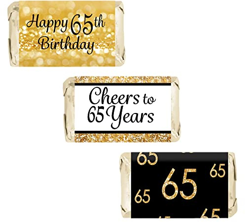 Black and Gold 65th Birthday Party Mini Candy Bar Wrappers - 42 Stickers