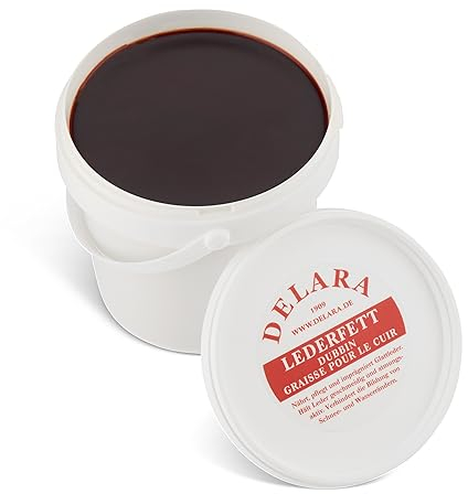 DELARA Hochwertiges Lederfett, nährt, imprägniert und pflegt Schuhe, Taschen, Reitsättel und Möbel aus Leder, Eimer mit 500 ml, Farbe: Braun - Made in Germany