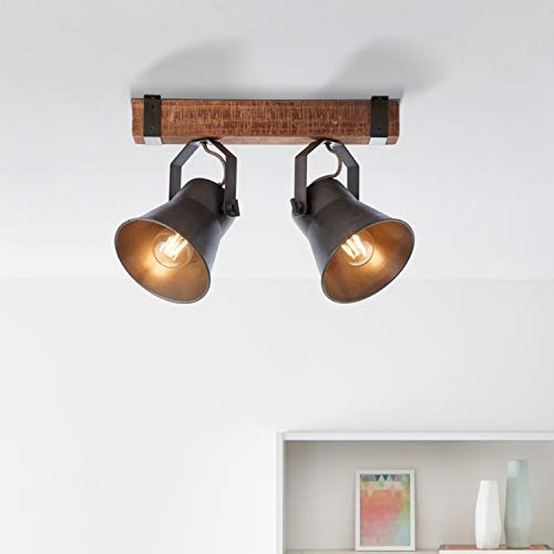 Lightbox Deckenstrahler 2-flammig, schwarz, Industrial-Look Lampe | Schwenkbare Deckenlampe mit Holzdetails, E27-Fassung, markantes Design mit rustikalem Charme