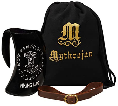 Mythrojan Viking Drinking Tankard with Medieval Buckle leather strap Wine Beer Mead Mug 800 ML - Polished Finish