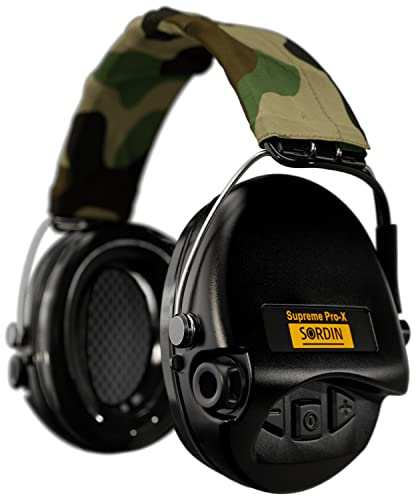 Sordin Pro-X - Protectores auditivos activos para caza - 75302-X/CT-02-G-S - EN 352 - Cojín de gel, cinta de camuflaje y cápsula negra
