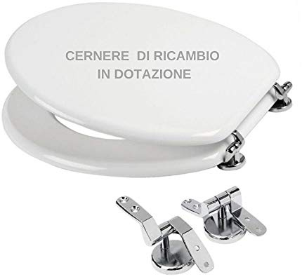 Ogomondo Sedile Wc MDF Bianco Universale Sedix Plus con 2 coppie di cerniere cromo in dotazione come ricambio