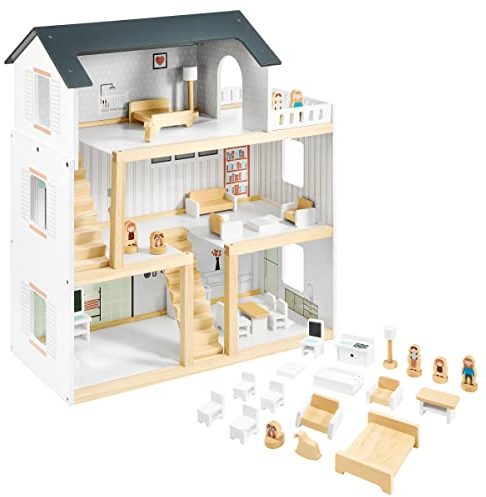 Mamabrum Puppenhaus Holz 3 Etagen mit Möbel & Zubehör – Skandinavisches Puppenhaus ab 3 Jahre – Doll House mit Balkon, Holzmöbel & Zimmer – Fördert Fantasie & Rollenspiel