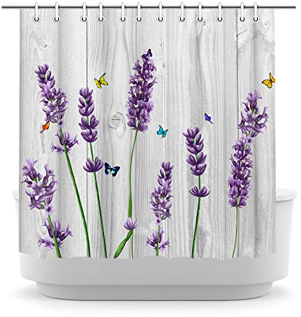 Duschvorhang, Lavendel, sanftes Blumenmuster, Landhaus-Deko, Stoff, Badezimmer-Dekor-Set mit Haken, 183 x 183 cm