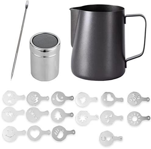 Bricco per Latte in Acciaio Inox, 1 Pezzi Bricco Latte Schiumatore Schiuma Brocca Tazza 350ml con 1 Pezzi Misurazione della Latte Art Penna Lattiera per cappuccino in Acciaio Inox Caffè Latte Art