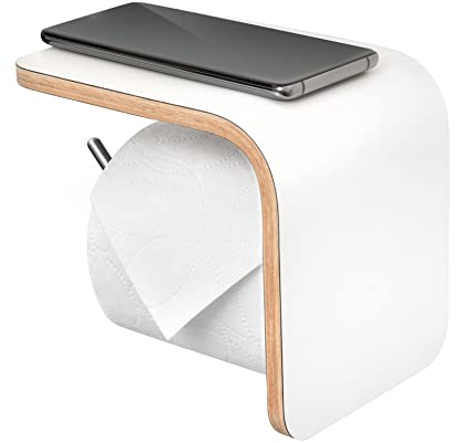 Wandmontierter Toilettenpapierhalter aus Holz Weißem mit Ablagefläche - Klopapierhalter mit Ablage - WC-Rollenhalter