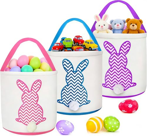 TURNMEON 3 PCS Easter Bunny Basket, Kids Easter Egg Hunts Bucket Tote Decorations Personalized Easter Baskets with Handle Candy Gifts Storage for Boys and Girls