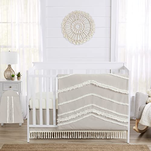 Sweet Jojo Designs 4-Piece Baby Crib Bedding Set (Boho Chic) for Boys or Girls, Infants/Nursery incl. Blanket, Fitted Sheet, Skirt, Diaper Stacker (Linen, Beige, Neutral, Modern Farmhouse, Shabby)