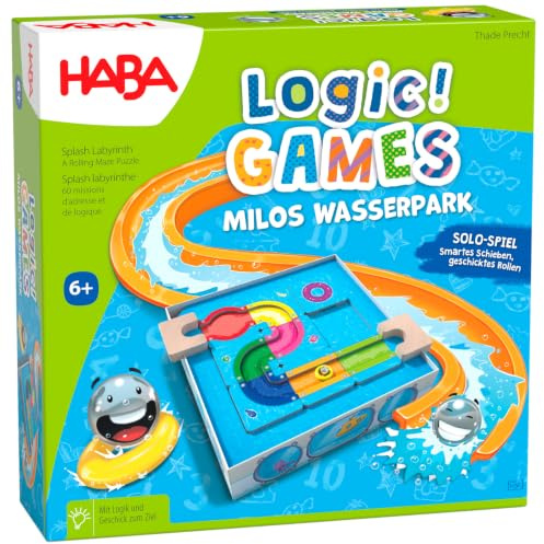 HABA Logic! Games – Milo's Wasserpark – Logikspiel ab 6 Jahren mit 60 herausfordernden Aufgaben – 3D-Schiebepuzzle, Rätselspiel Solo, Knobelspiel – 1306822001