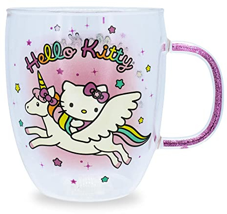 Sanrio Hello Kitty Unicorn Glass Mug With Glitter Handle | Coffee Cup For Espresso, Boba Milk Tea | Holds 14 Ounces