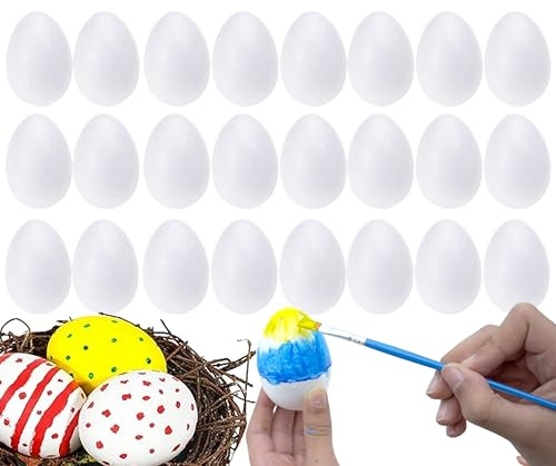 Lot de 24 œufs blancs en mousse de polystyrène pour travaux manuels et présentoirs de Pâques, œufs en mousse, chasse de Pâques, teinture ou peinture et décoration de fête de Pâques Taille : 5,5 cm