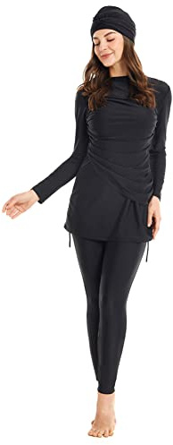 FYMNSI Muslimische Damen-Badeanzüge, Burkini, islamisch, bescheidene Bademode, volle Abdeckung, langärmelig, Oberteil, Hose, Hijab, 3-teiliges Set, Schwarz , M