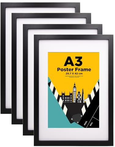 A3 Picture Frames,A3 Frame 100% Solid Wood Matted for A4, a3 Photo Frames with Acrylic Glass,A3 Poster Frames for Wall Mounting, 29.7 X 42 cm Certificate Frame for Portrait, Set of 4, Black