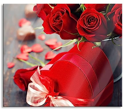 Roses avec cœur - Plaque de recouvrement et protection anti-éclaboussures en verre véritable - Pour plaques de cuisson - 60 x 52 cm