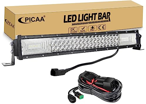 PICAA 22 Zoll 270W LED Arbeitsscheinwerfer mit DT Kabelbaum Kit, Tri-Reihen LED Lightbar Lichtbalken 12V 24V Lichtleiste Auto Offroad 4x4 Zusatzscheinwerfer