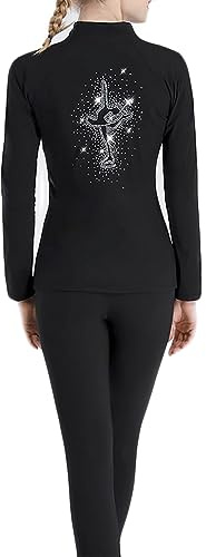 Youthful flying Eiskunstlauf Jacke und Hosen Set Mädchen Fleece Eislauf Tragen mit Strass Hochelastisch Trainingskleidung(Size:L,Color:Schwarz)