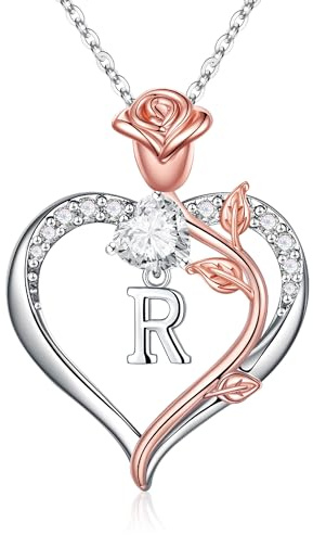 TINGN Rosen Herz Buchstaben Halskette Damen, 14K Weißgold Vergoldet Herz Kette mit Buchstaben Geschenke für Mutter Frauen Freundin Mädchen, Geschenke für Geburtstag Hochzeit Weihnachten Valentinstag