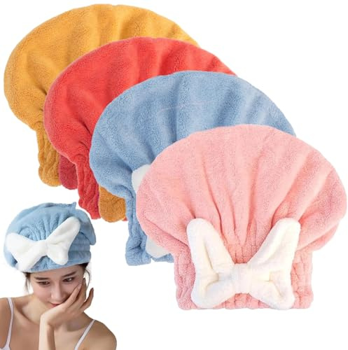 GWAWG 4 x super saugfähiges, schnell trocknendes Haartuch, Schleifenknoten-Duschhaube für Damen, Erwachsene oder Mädchen, um Haare zu trocknen