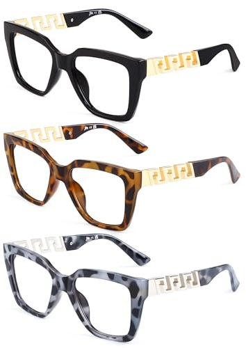 JM 3 Pack Lesebrille für Damen Mode übergroße Quadratische | Blaues Licht Blockieren