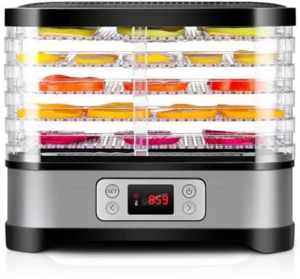 Secador de Frutas Totalmente Transparente 5 Capas y Temperatura Regulable, para Frutas, Verduras, Setas, Cecina/Biltong, Carne