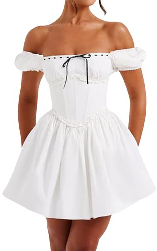 Miolasay Women Off Shoulder Puff Sleeve Dress Casual Solid Color Backless Corset Party A-Line Dress for Beach Summer Streetwear