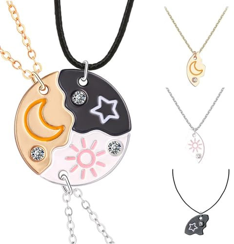 LHOEST 3 Stück halskette damen freundschaftskette, freundschaftsketten für 3 kette gold silber Schwarz, Sonne Sternen Mond für bff ketten für 3 Mädchen Geschenk Kristall Kette Anhänger
