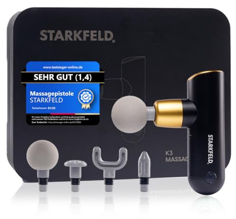 STARKFELD® STARKGUN® DELUXE MASSAGE GUN – Tiefengewebe Massagepistole mini | Kraftvoll & Kompakt|Massagegerät mit 4 Aufsätzen & Tragecase| Schmerzlinderung & Schnelle Regeneration (Schwarz)