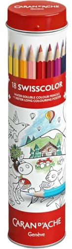 CARAN D’ACHE Swisscolor Aquarellstifte Set 18 Farben, wasservermalbare Farbstifte in Metalldose mit Poster Tiere der Schweiz, Swiss Made