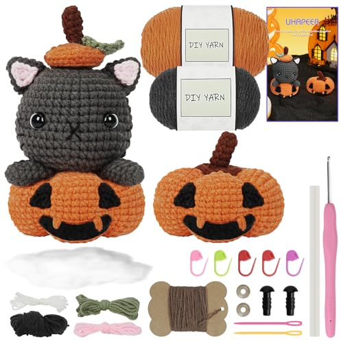 UHAPEER Halloween Häkelset für Anfänger, Häkel Kürbis Katzen Schnitzset, Häkelset Tiere, Kreativ Strickset, DIY Bastelset mit Schritt für Schritt Video Tutorials für Erwachsene Kinder Geschenk | Häkelset Tiere, DIY Bastelset Crochet Kit mit Schritt für Schritt Video Tutorials, Anleitung für Erwachsene Kinder Geschenk