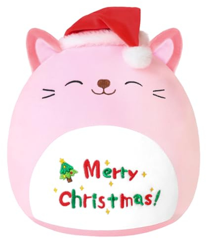 Xfrog Xmas Stuffed Animal Plush Pillow 10 Merry Christmas Plush Toy with Santa Hat Kawaii Cat Soft Toys for Kids Girls Boys 25CM