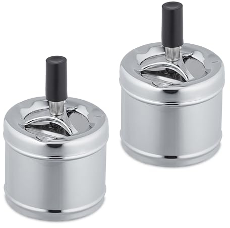 Relaxdays 2 x Aschenbecher mit Drehdeckel, aus Metall, draußen & drinnen, HxD: 11,5 x 8 cm, windfest, Drehaschenbecher, Silber