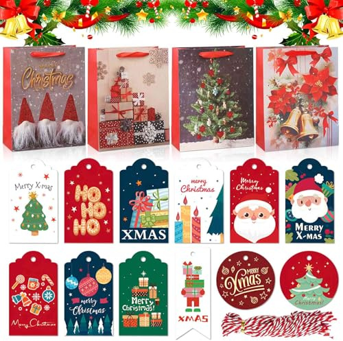 Geschenktüten Weihnachten Groß,12 Stück Weihnachtstüten Papier,4 Stile Weihnachtsgeschenktüten mit Griff,Weihnachtstaschen mit Weihnachtsetiketten für Geschenkverpackung 18x10x23cm