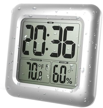 Large Waterproof Bathroom Shower Wall Clock, Big LCD Display Digital Water Resistant Indoor Outdoor Temperature Humidity Clock, Easy Read Hanging Clock for Elderly, Suction Cup, Table Stand (Silver)