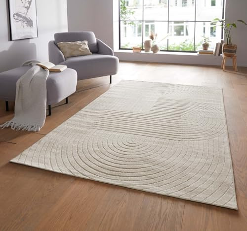 Taracarpet Moderner In & Outdoor Kurzflor Boho Skandi Designer Teppich mit 3D Effekt für Wohnzimmer Schlafzimmer und die Küche auch für Balkon und Terrasse geeignet Creme 200x290 cm