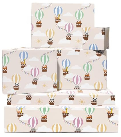 Neutral Baby Shower Presentpapper - 6 ark Födelsedagspapper för Baby Eller Flicka - Ballongsafaridjur - Dop - Återvinningsbart - Av Central 23