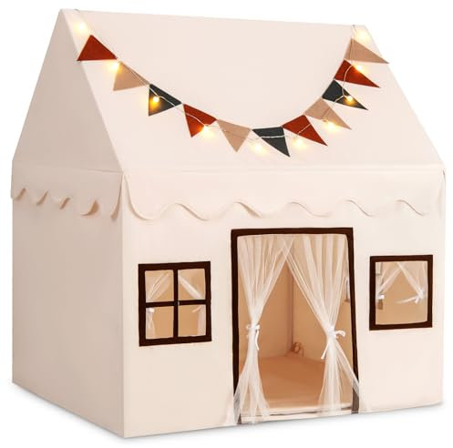 COSTWAY Spielhaus Kinder Indoor, Kinderzelt mit Matte und Lichtern, Spielzelt für Drinnen, Kinderspielhaus ab 3 Jahren für Kinderzimmer, Spielzimmer, Party