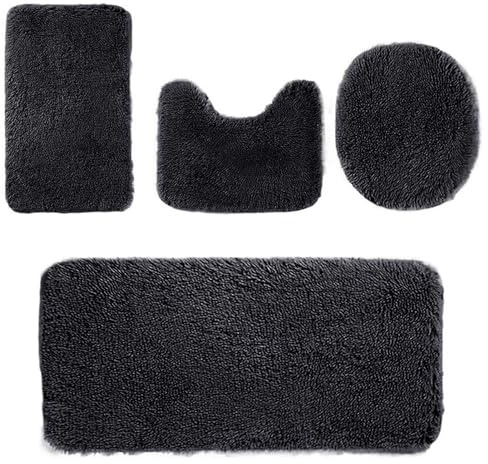 Heavyoff Badematte Set 4 teilig, Waschbar Badezimmerteppich, rutschfeste Badematte Toilettenmatte,Weich Saugfähige Badteppiche und WC Vorleger Duschvorleger, Schwarz