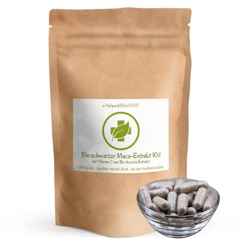vitalundfitmit100 Bio Schwarzer Maca Extrakt, 10:1, 120 Kapseln à 500 mg, mit Acerola