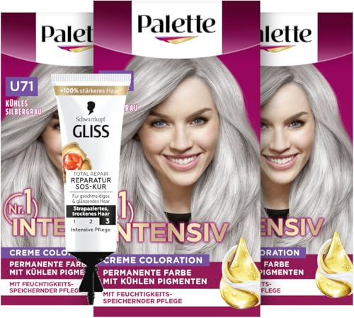 Palette Intensiv Creme Coloration U71 Kühles Silbergrau (3x 115 ml), permanente Haarfarbe für leuchtende, langanhaltende Farbbrillanz & SOS-Intensiv-Kur Total Repair (15 ml), Haarkur mit Keratin