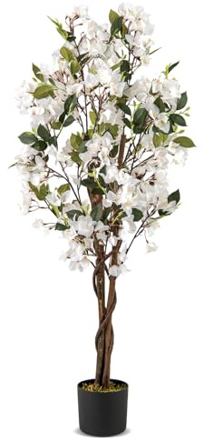 RELAX4LIFE Künstlicher Bougainvillea-Baum, 120cm Künstliche Blumenpflanze mit natürlichem Holzstamm, Kunstblumen Indoor Outdoor Pflanze Dekorationen für Huas, Büro, Hochzeit (Weiß,1)