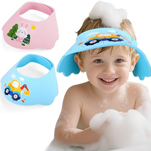 2 Stück Kinder Duschhaube & Baby Duschhaube, Haarwaschhilfe aus weichem EVA, verstellbar mit Klettverschluss, Kinderschutz beim Haarewaschen - Schutz für Augen, Ohren & Nase (Blau/Rosa)
