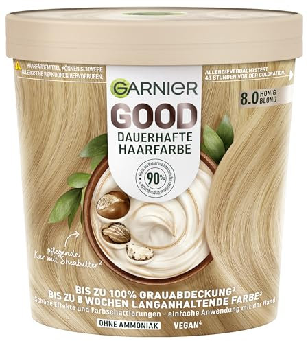 Garnier GOOD Dauerhafte Haarfarbe 8.0 Honig Blond – Coloration ohne Ammoniak, bis zu 100% Grauabdeckung, 1 Stk.