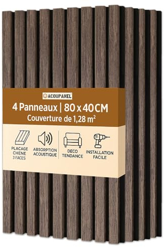 ACOUPANEL | Akustikpaneele aus Holz | 4 Wandpaneele 1,28 m² | Schalldämmung | Eichenfurnier 3-seitig | Einfache Installation Wand oder Decke (Raucheiche)