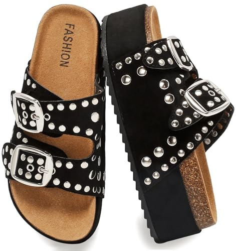 Women's Platform Sandals Cork Footbed Suede Clogs Sandals Studded Slides | Adjustable Double Buckle Wide Width Chunky Sandals for Women Comfortable Non-Slip Thick Sole Mules Slides Beach Summer Shoes